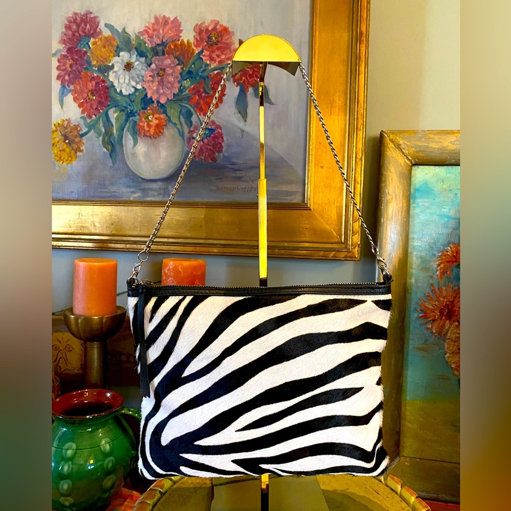 Chico's Zebra Calf Hair Clutch Purse Handbag Leather Silver Chain